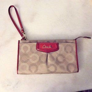 Coach wallet wristlet (khaki with cherry red trim)